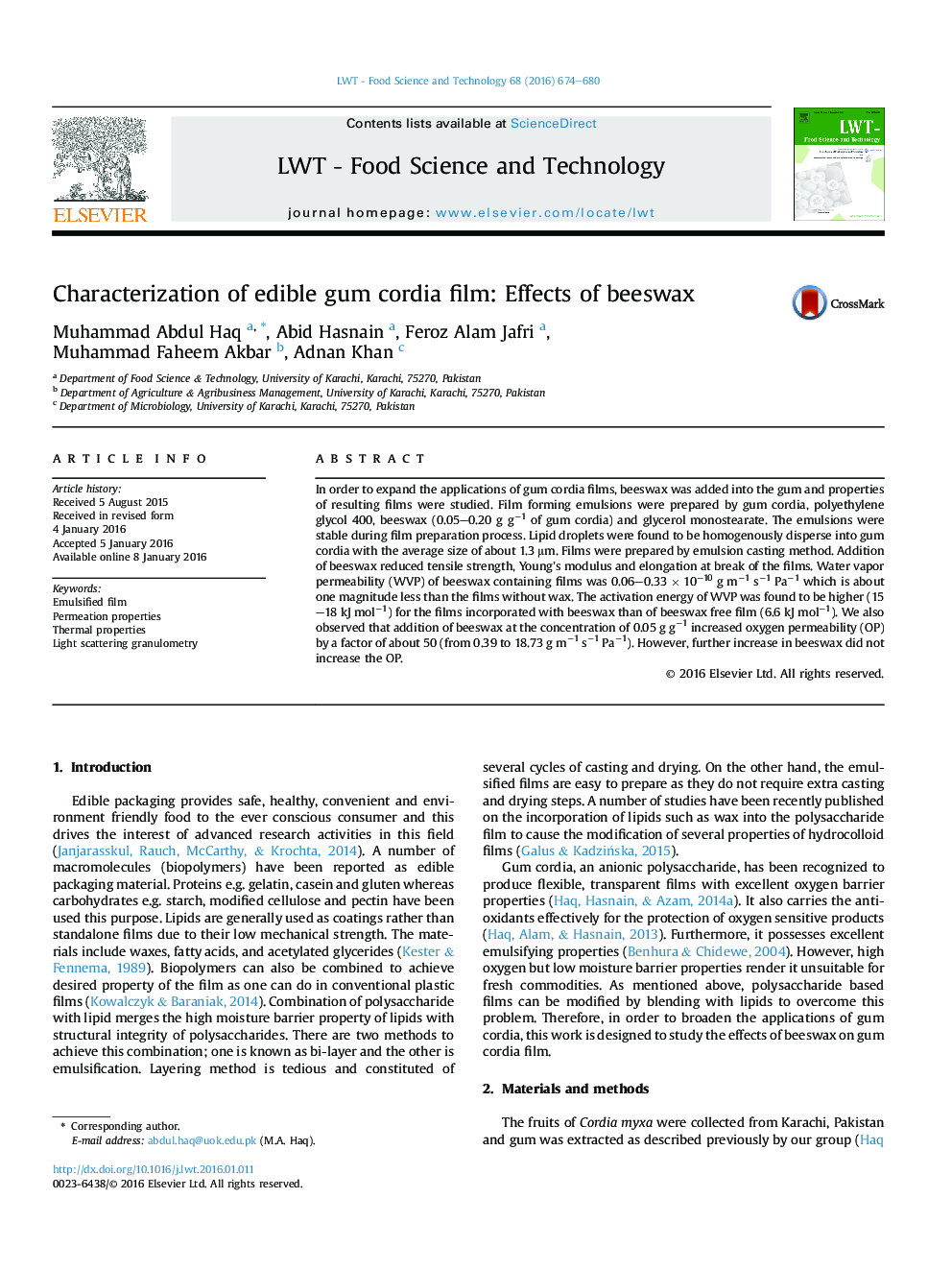 Characterization of edible gum cordia film: Effects of beeswax