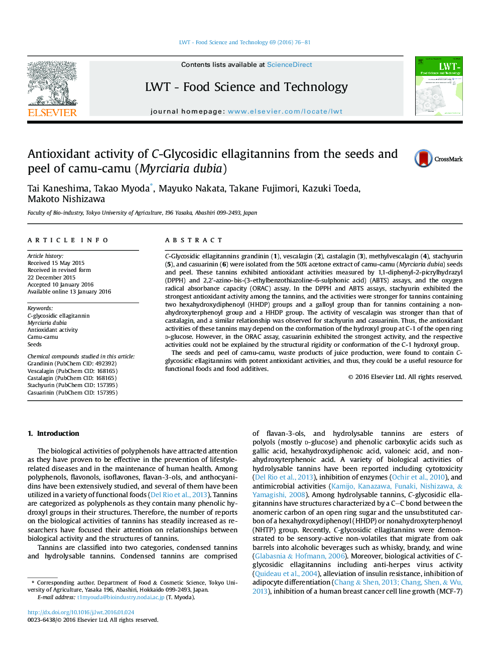 Antioxidant activity of C-Glycosidic ellagitannins from the seeds and peel of camu-camu (Myrciaria dubia)