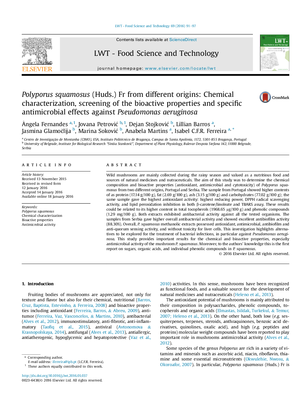 عکس صفحه اول مقاله: Polyporus squamosus (Huds.) Fr from different origins: Chemical characterization, screening of the bioactive properties and specific antimicrobial effects against Pseudomonas aeruginosa Polyporus squamosus (Huds.) Fr from different origins: Chemical characterization, screening of the bioactive properties and specific antimicrobial effects against Pseudomonas aeruginosa