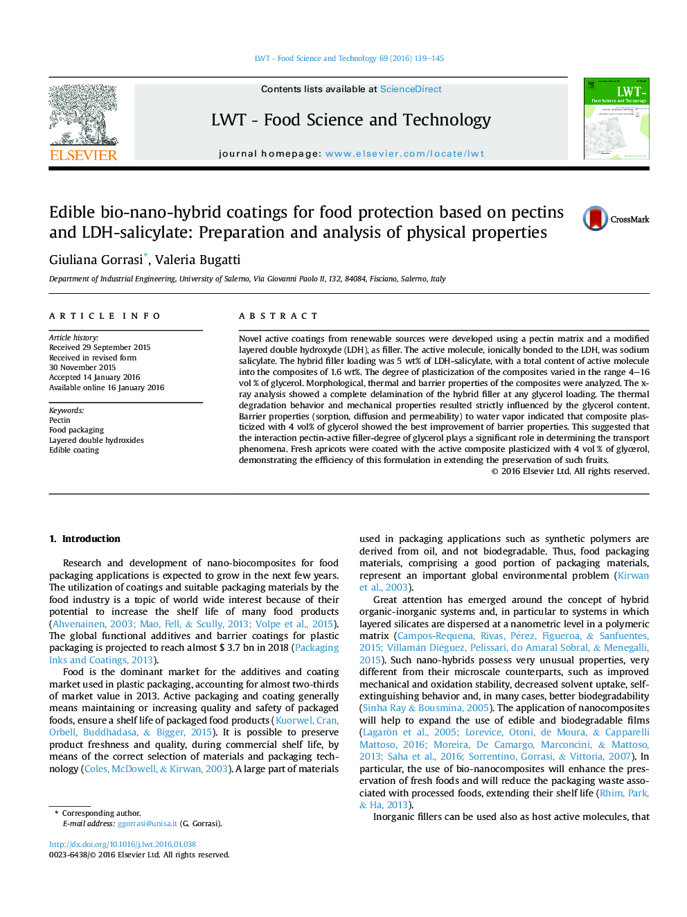 Edible bio-nano-hybrid coatings for food protection based on pectins and LDH-salicylate: Preparation and analysis of physical properties