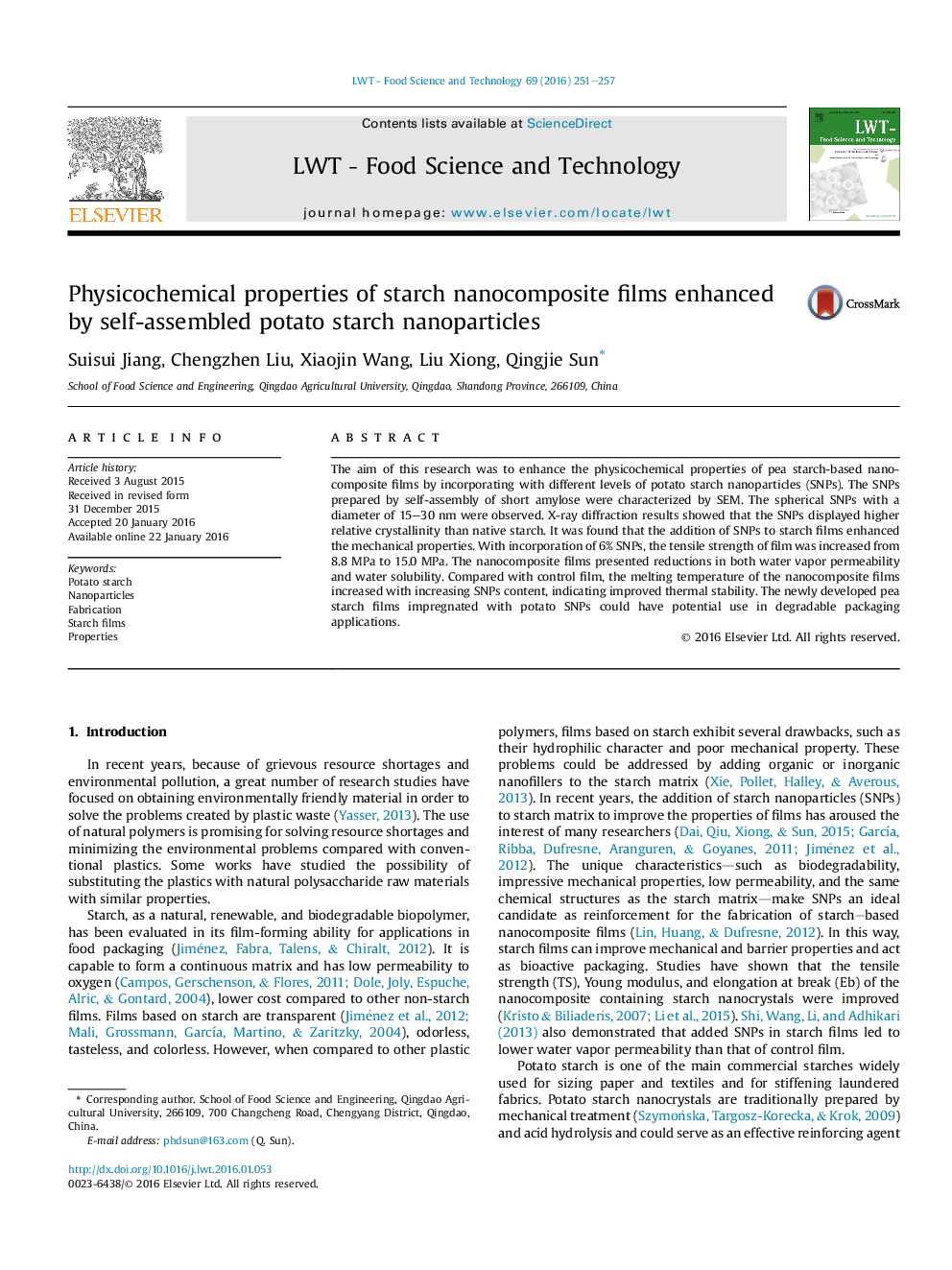 Physicochemical properties of starch nanocomposite films enhanced by self-assembled potato starch nanoparticles