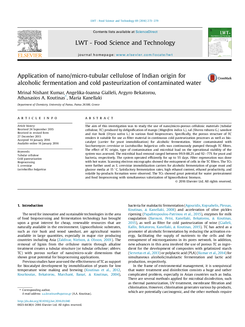 Application of nano/micro-tubular cellulose of Indian origin for alcoholic fermentation and cold pasteurization of contaminated water