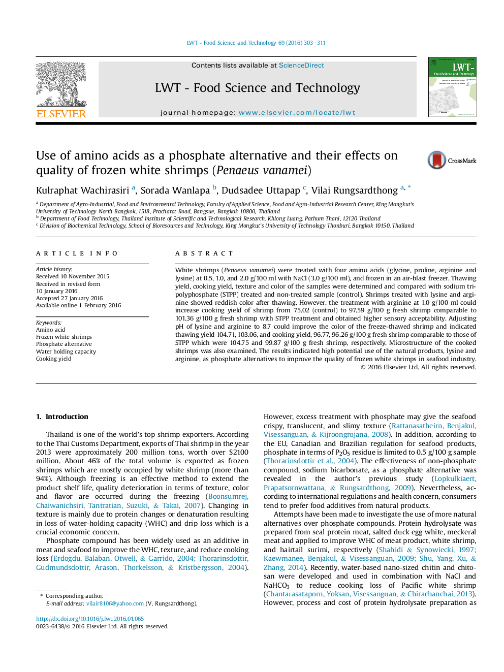 Use of amino acids as a phosphate alternative and their effects on quality of frozen white shrimps (Penaeus vanamei)