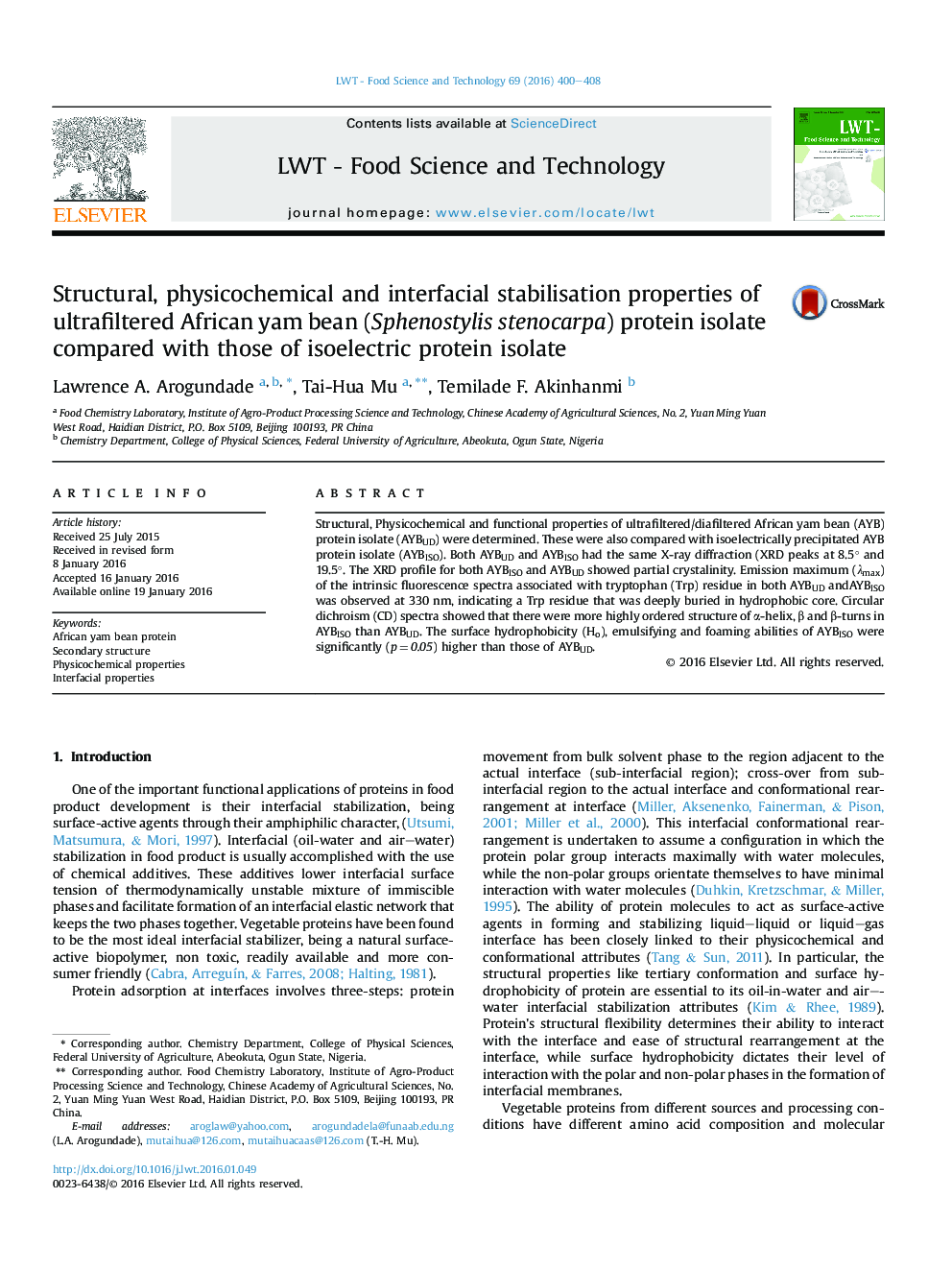 Structural, physicochemical and interfacial stabilisation properties of ultrafiltered African yam bean (Sphenostylis stenocarpa) protein isolate compared with those of isoelectric protein isolate