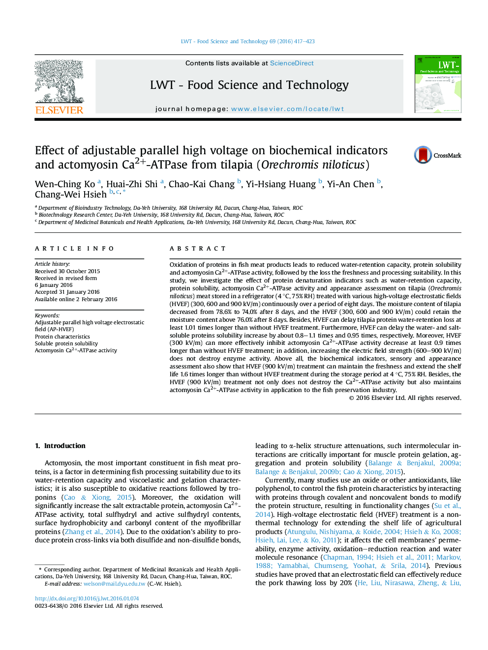 Effect of adjustable parallel high voltage on biochemical indicators and actomyosin Ca2+-ATPase from tilapia (Orechromis niloticus)