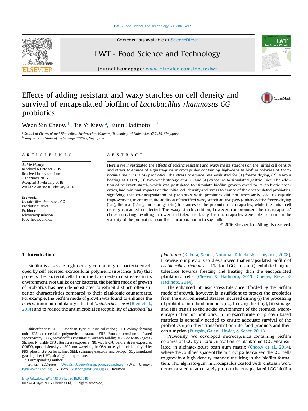 Effects of adding resistant and waxy starches on cell density and survival of encapsulated biofilm of Lactobacillus rhamnosus GG probiotics