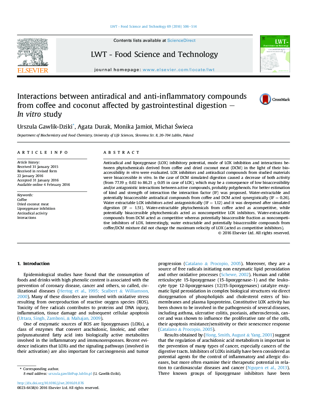 Interactions between antiradical and anti-inflammatory compounds from coffee and coconut affected by gastrointestinal digestion – In vitro study