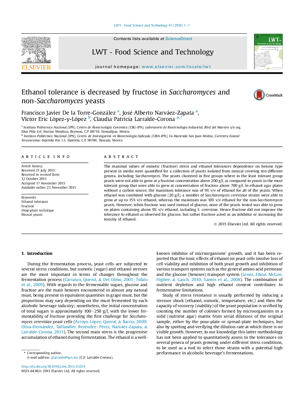 Ethanol tolerance is decreased by fructose in Saccharomyces and non-Saccharomyces yeasts