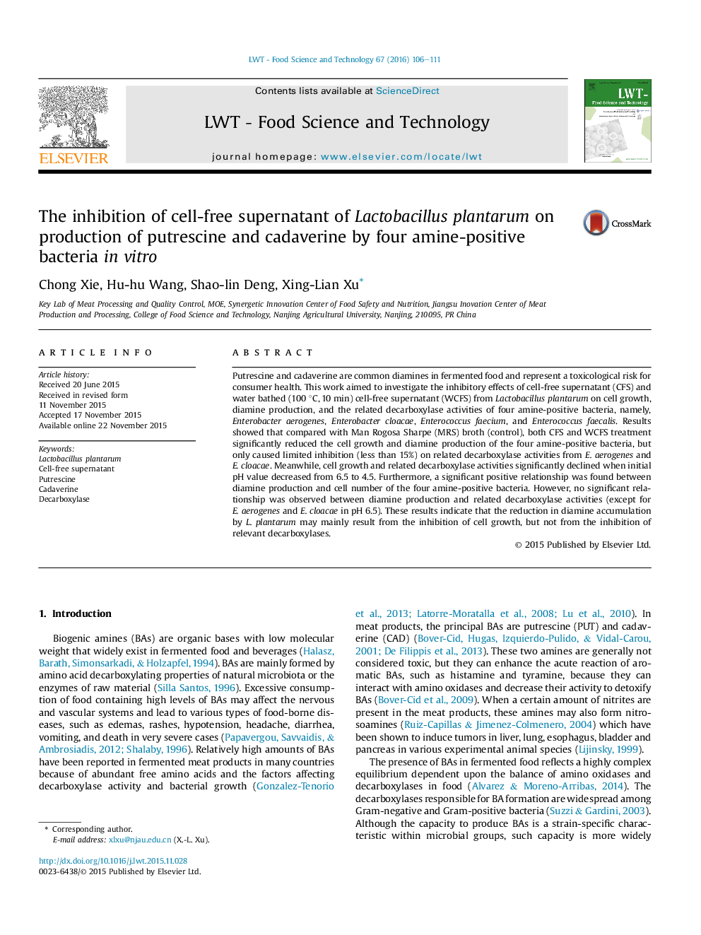 The inhibition of cell-free supernatant of Lactobacillus plantarum on production of putrescine and cadaverine by four amine-positive bacteria in vitro