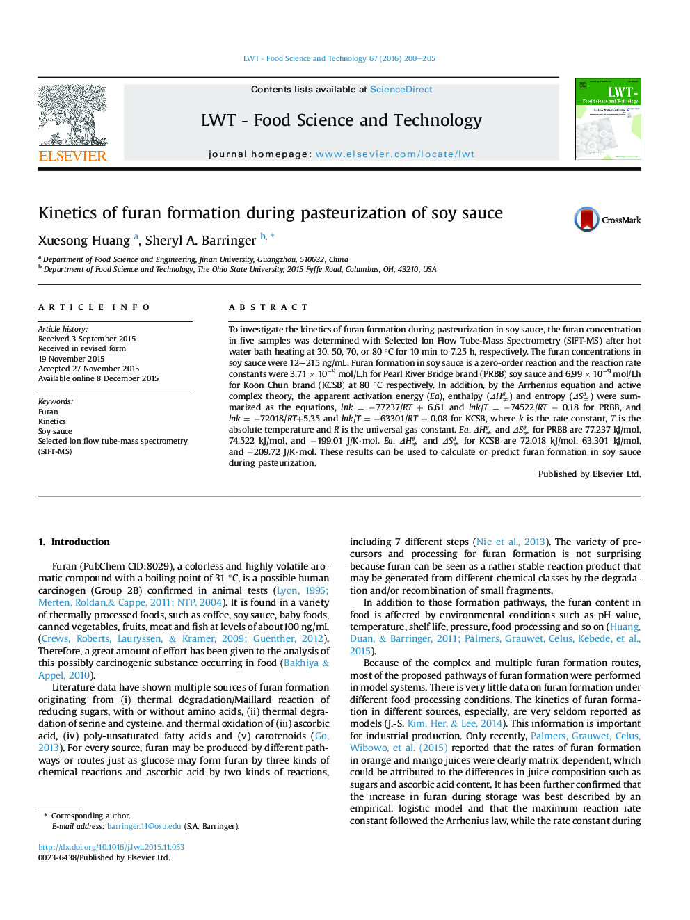 Kinetics of furan formation during pasteurization of soy sauce