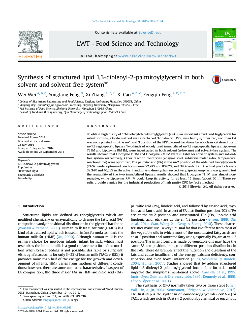 عکس صفحه اول مقاله: Synthesis of structured lipid 1,3-dioleoyl-2-palmitoylglycerol in both solvent and solvent-free system Synthesis of structured lipid 1,3-dioleoyl-2-palmitoylglycerol in both solvent and solvent-free system
