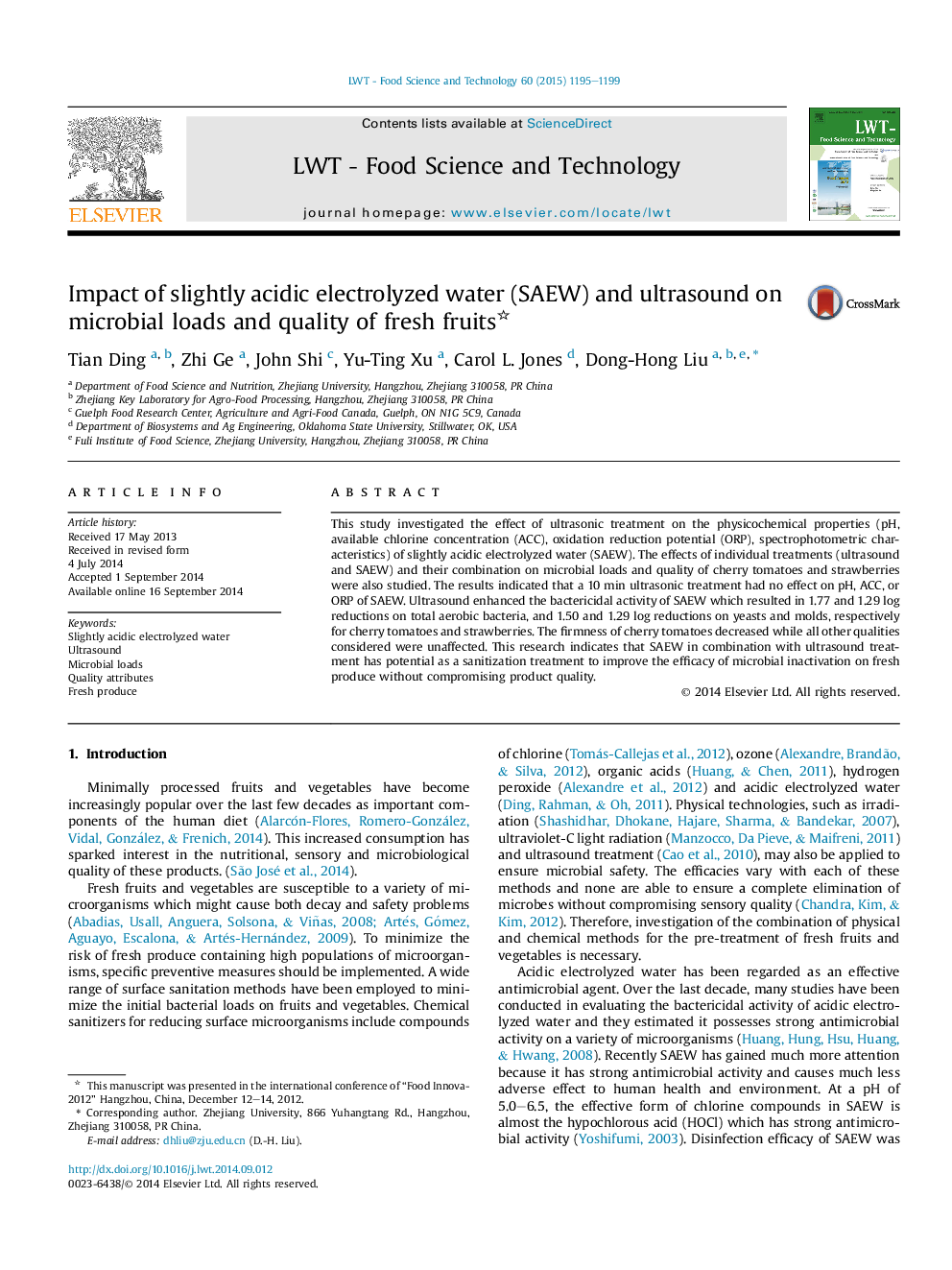 Impact of slightly acidic electrolyzed water (SAEW) and ultrasound on microbial loads and quality of fresh fruits 