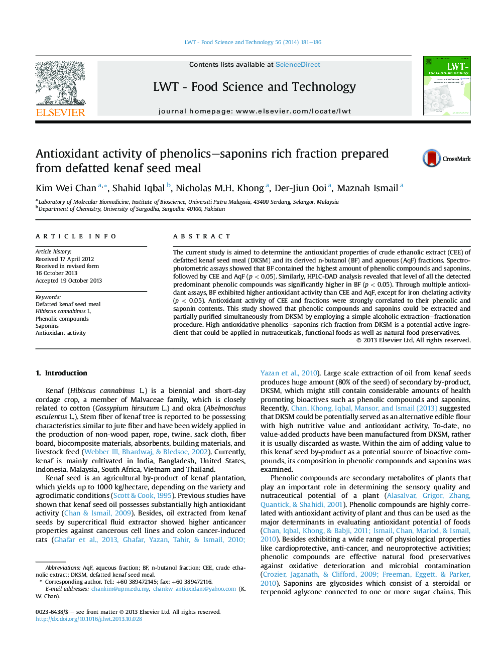 Antioxidant activity of phenolics–saponins rich fraction prepared from defatted kenaf seed meal