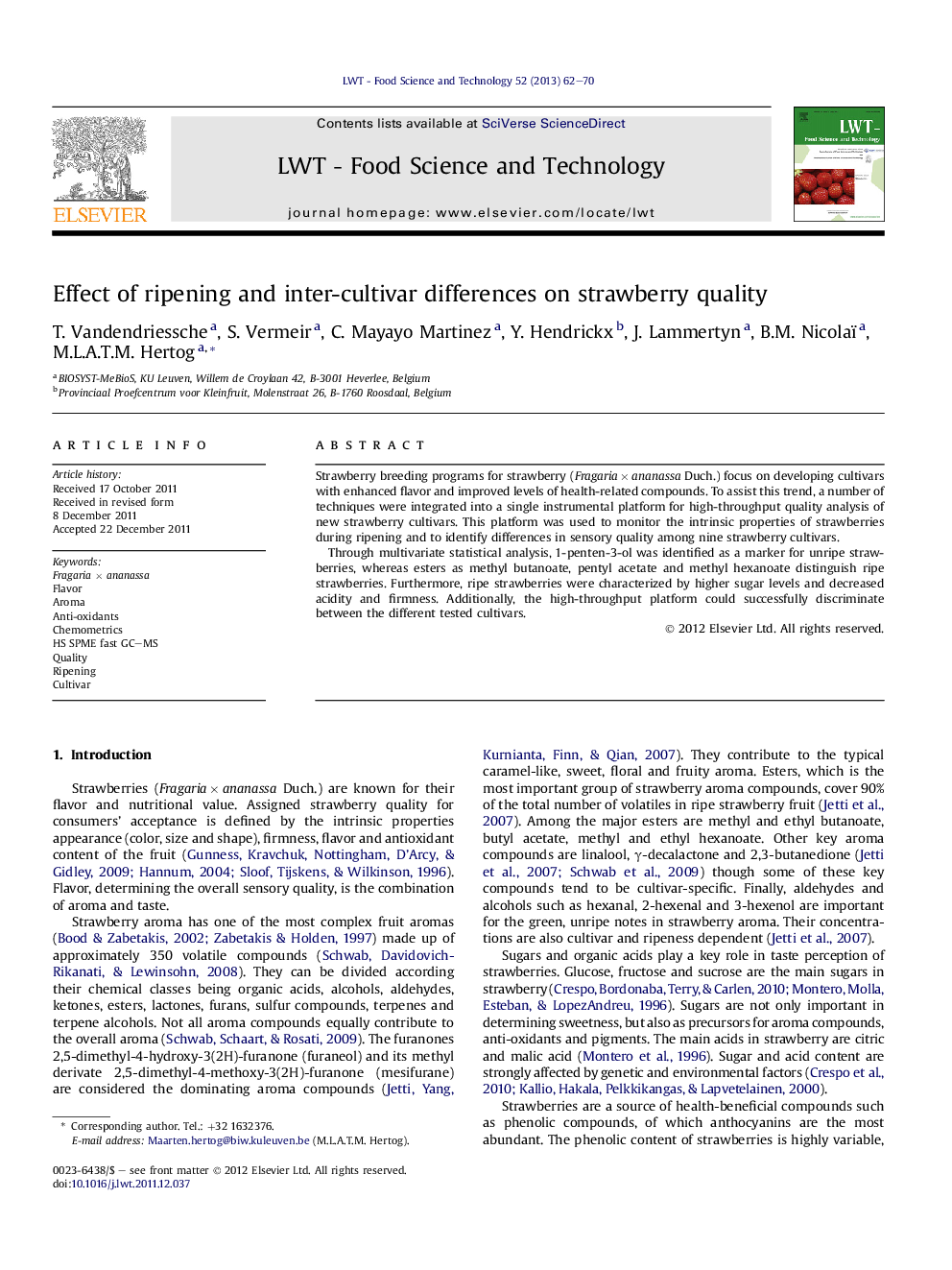 Effect of ripening and inter-cultivar differences on strawberry quality