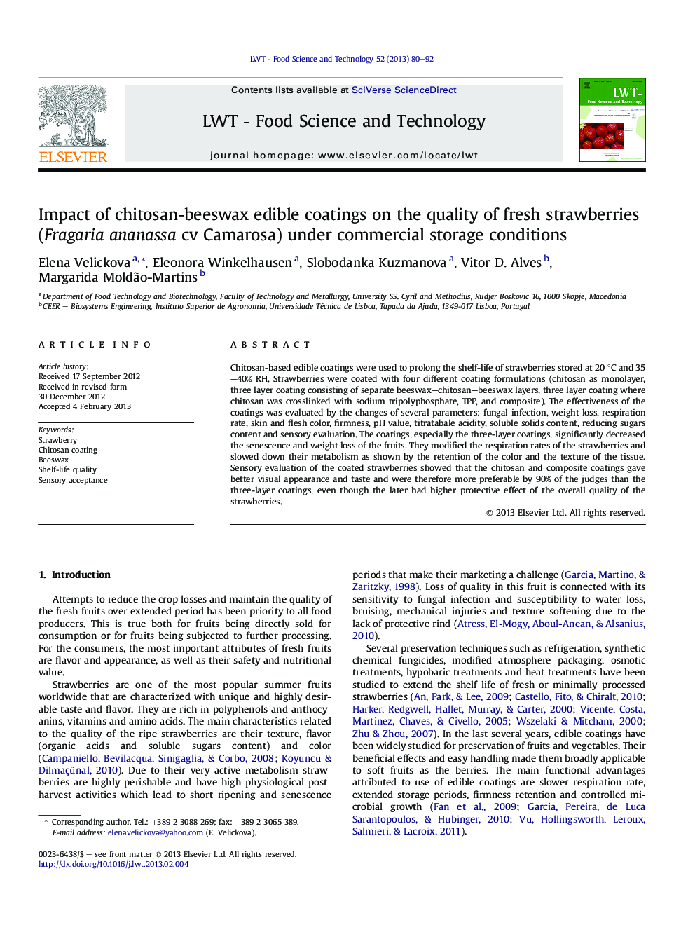 Impact of chitosan-beeswax edible coatings on the quality of fresh strawberries (Fragaria ananassa cv Camarosa) under commercial storage conditions