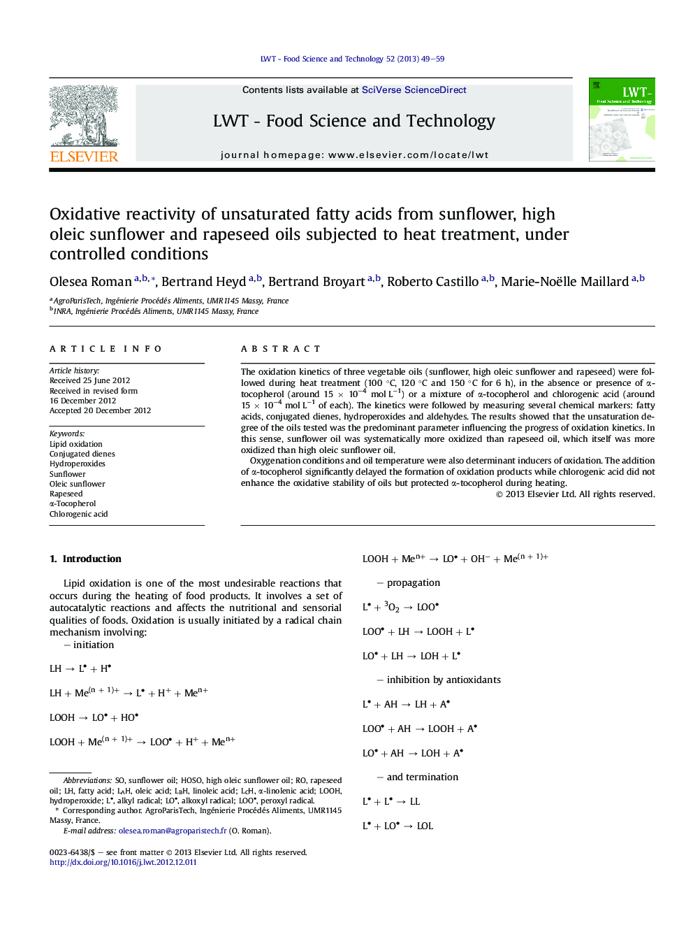 عکس صفحه اول مقاله: Oxidative reactivity of unsaturated fatty acids from sunflower, high oleic sunflower and rapeseed oils subjected to heat treatment, under controlled conditions Oxidative reactivity of unsaturated fatty acids from sunflower, high oleic sunflower and rapeseed oils subjected to heat treatment, under controlled conditions
