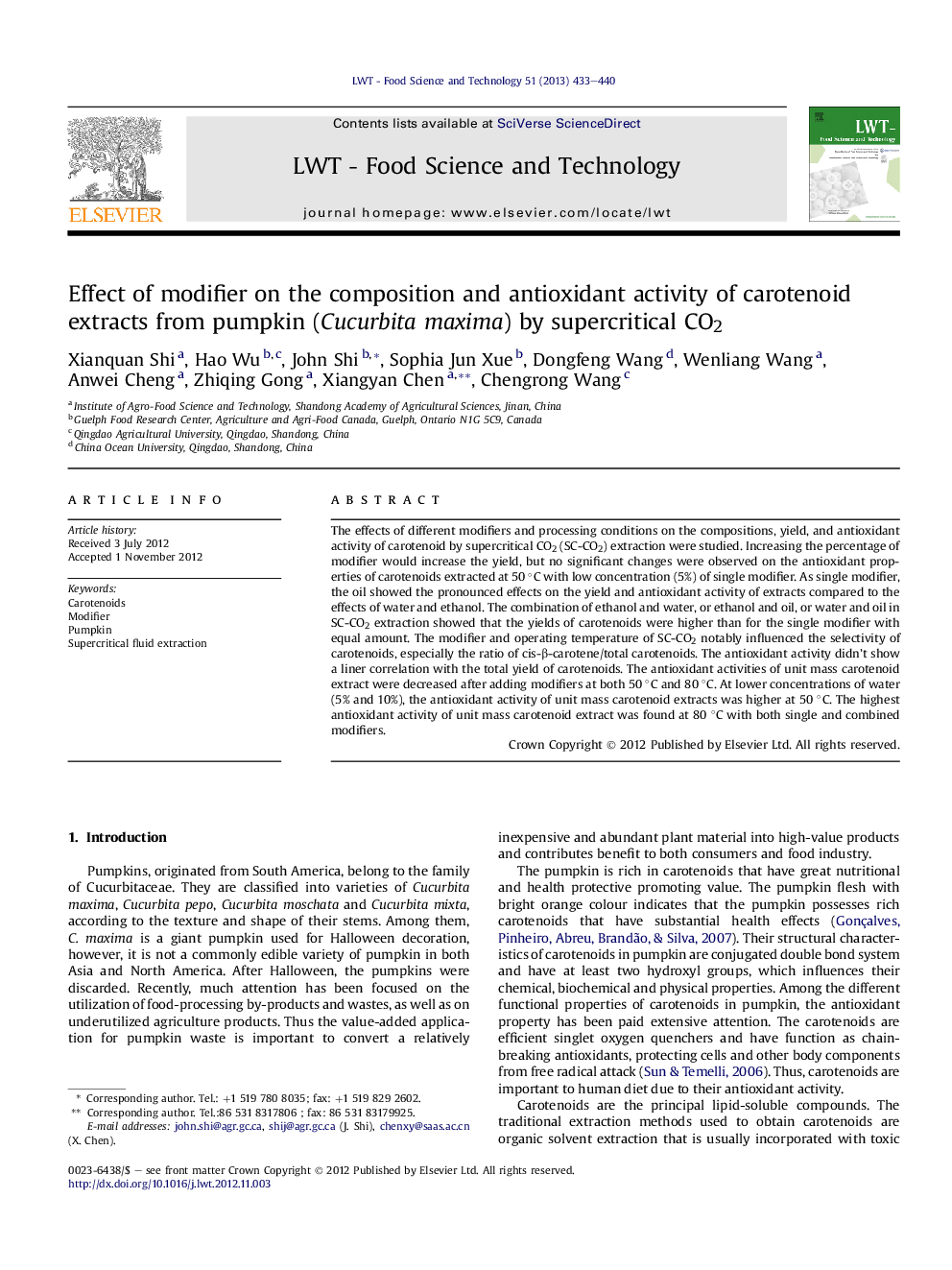 Effect of modifier on the composition and antioxidant activity of carotenoid extracts from pumpkin (Cucurbita maxima) by supercritical CO2