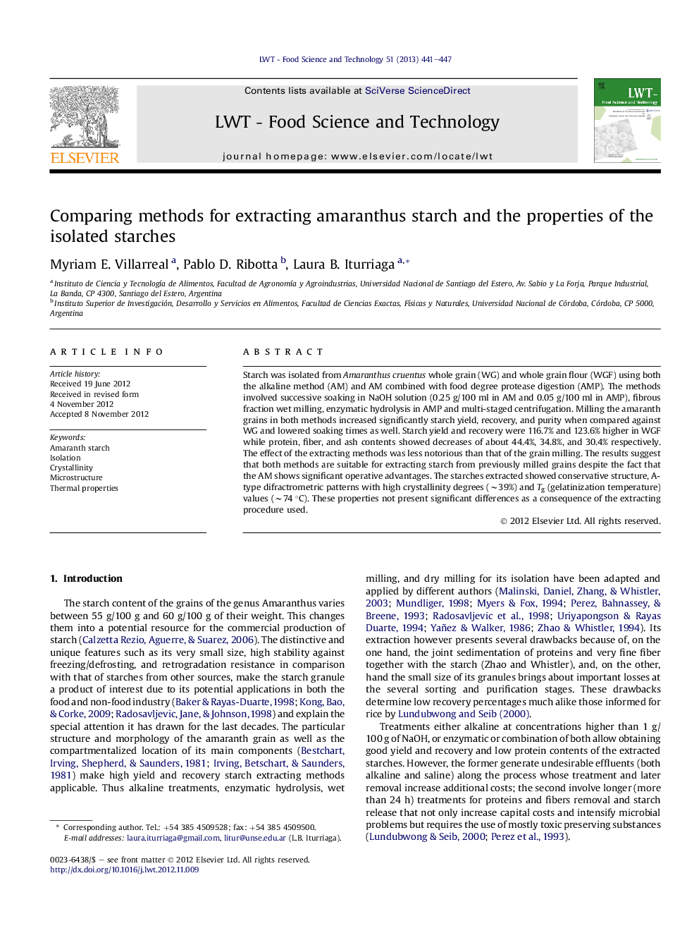 Comparing methods for extracting amaranthus starch and the properties of the isolated starches