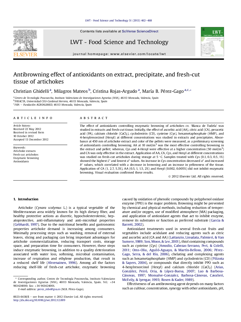 Antibrowning effect of antioxidants on extract, precipitate, and fresh-cut tissue of artichokes