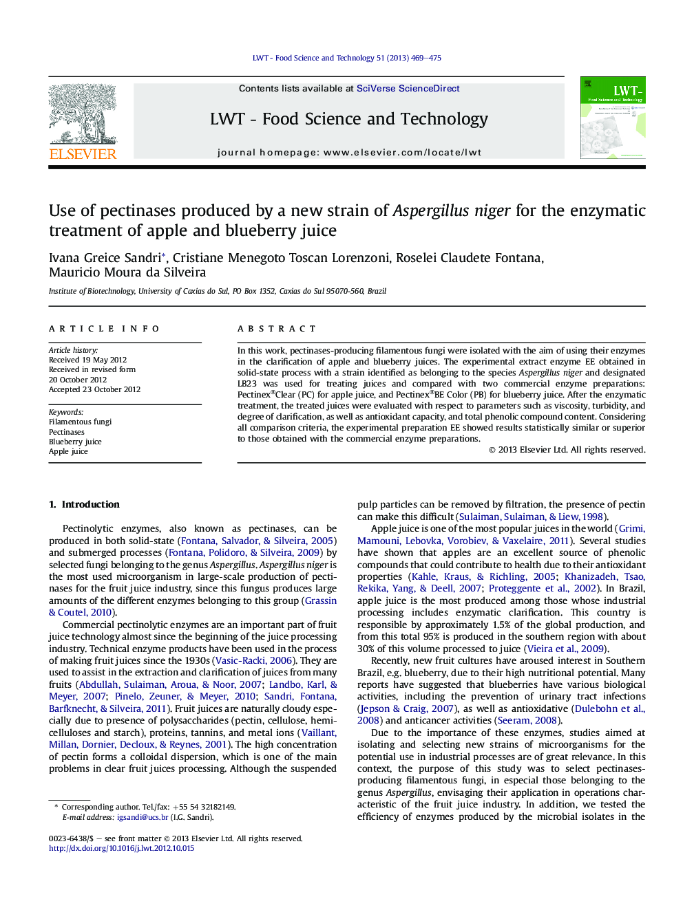 Use of pectinases produced by a new strain of Aspergillus niger for the enzymatic treatment of apple and blueberry juice