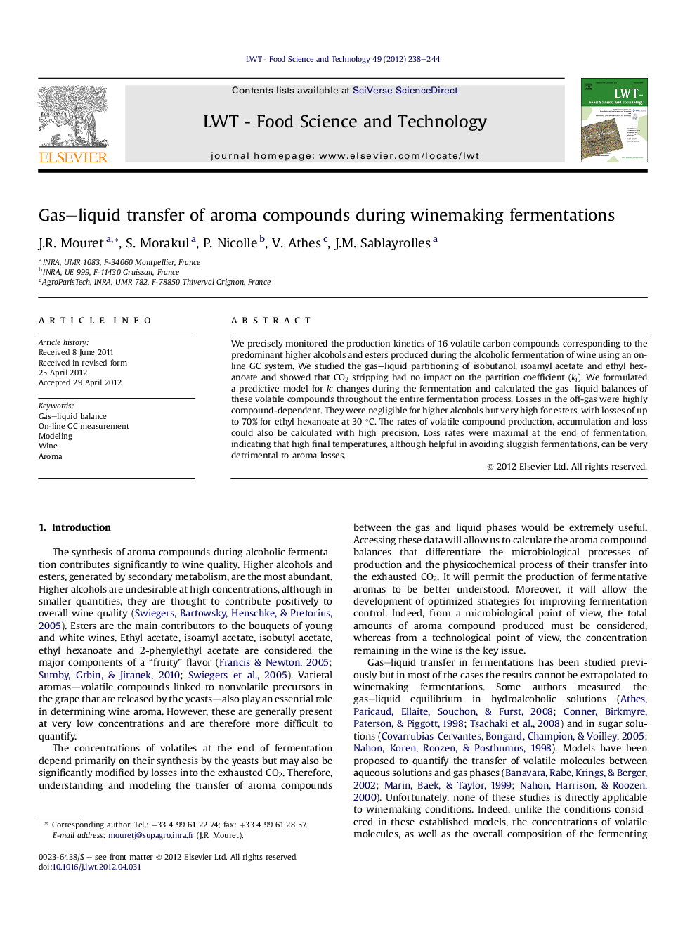 Gas–liquid transfer of aroma compounds during winemaking fermentations