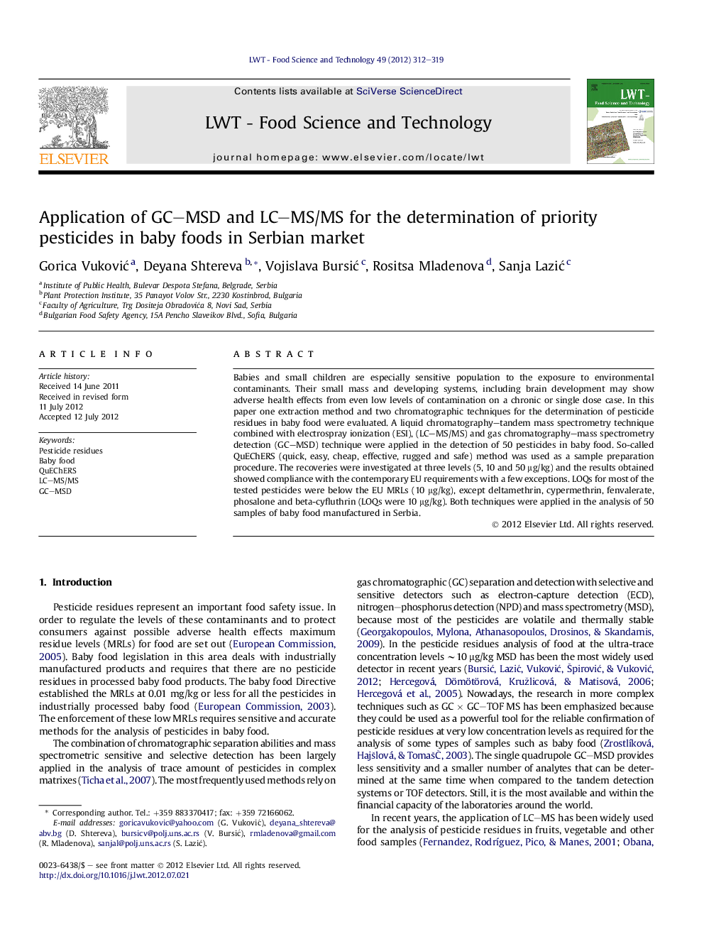 Application of GC–MSD and LC–MS/MS for the determination of priority pesticides in baby foods in Serbian market