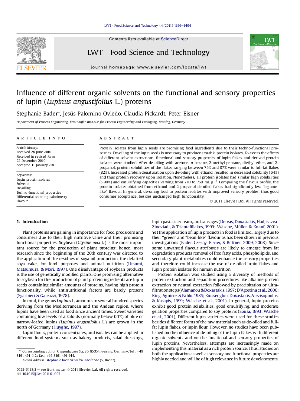 Influence of different organic solvents on the functional and sensory properties of lupin (Lupinus angustifolius L.) proteins