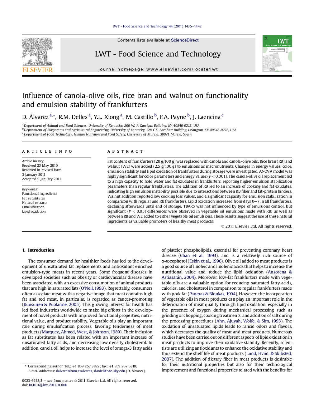 Influence of canola-olive oils, rice bran and walnut on functionality and emulsion stability of frankfurters