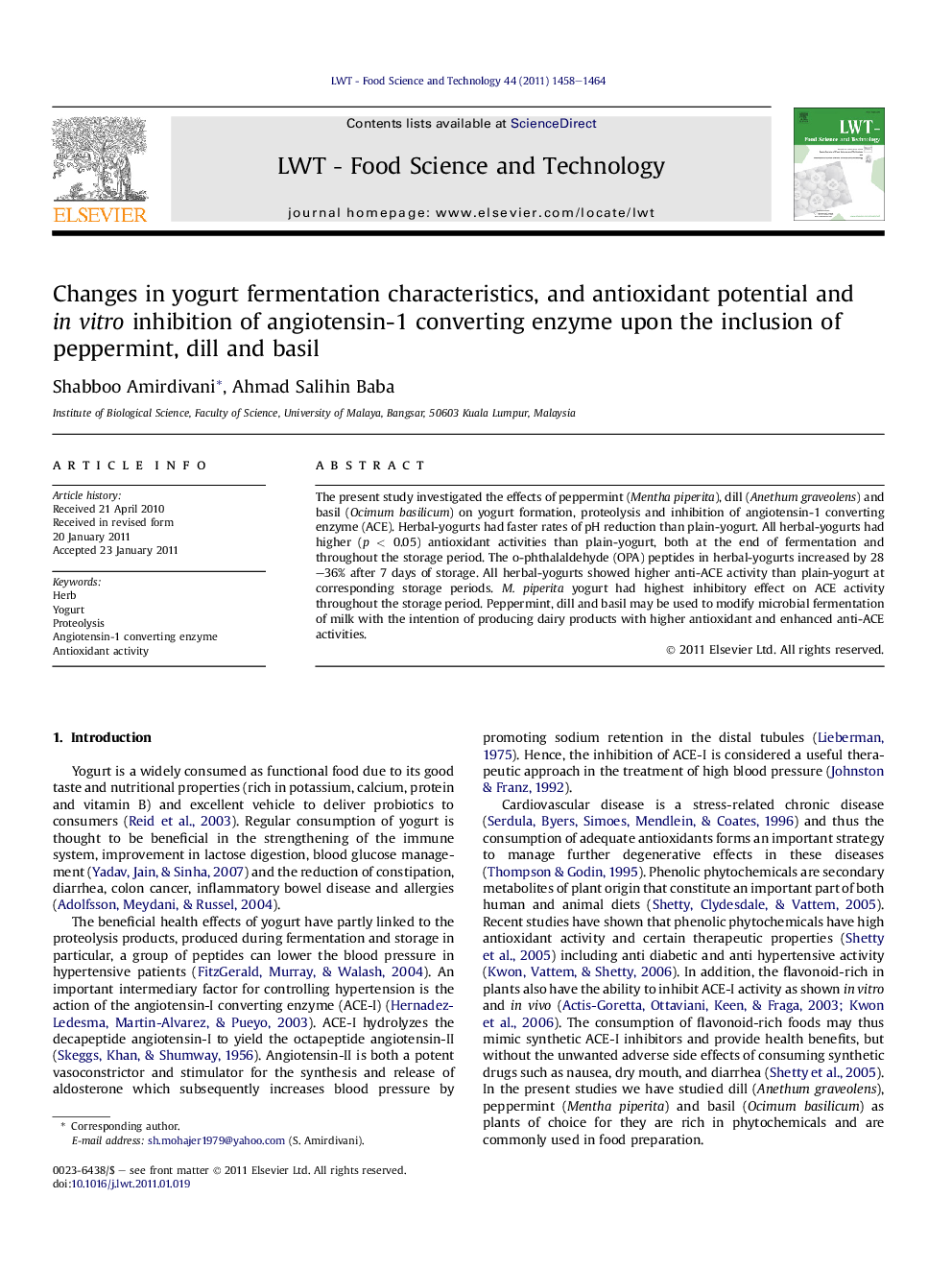 Changes in yogurt fermentation characteristics, and antioxidant potential and in vitro inhibition of angiotensin-1 converting enzyme upon the inclusion of peppermint, dill and basil