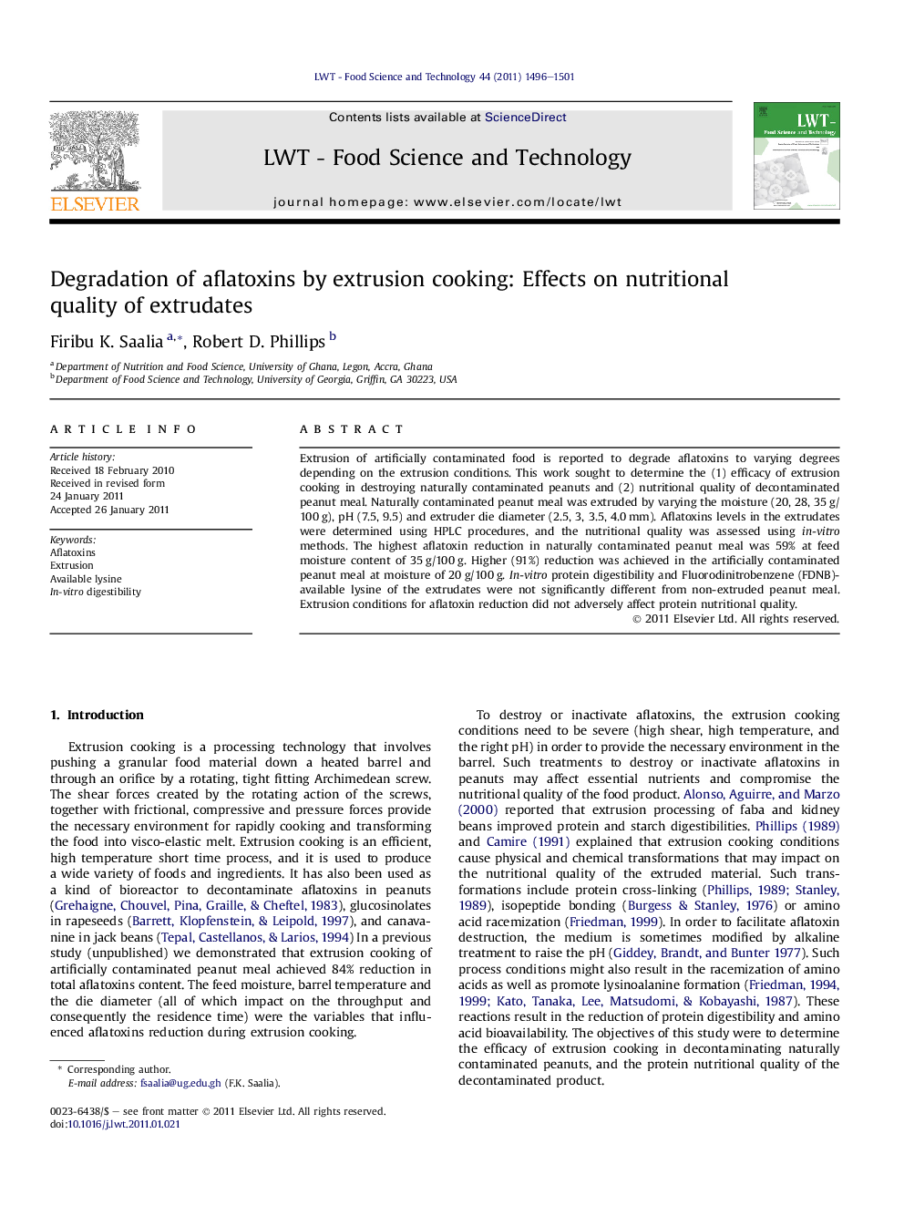 Degradation of aflatoxins by extrusion cooking: Effects on nutritional quality of extrudates