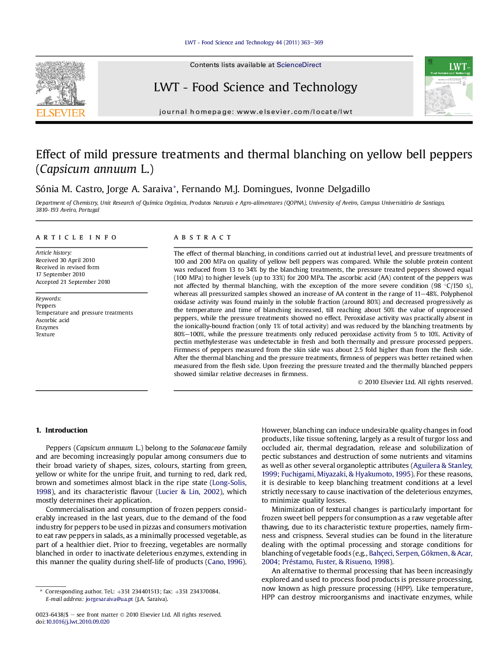 Effect of mild pressure treatments and thermal blanching on yellow bell peppers (Capsicum annuum L.)