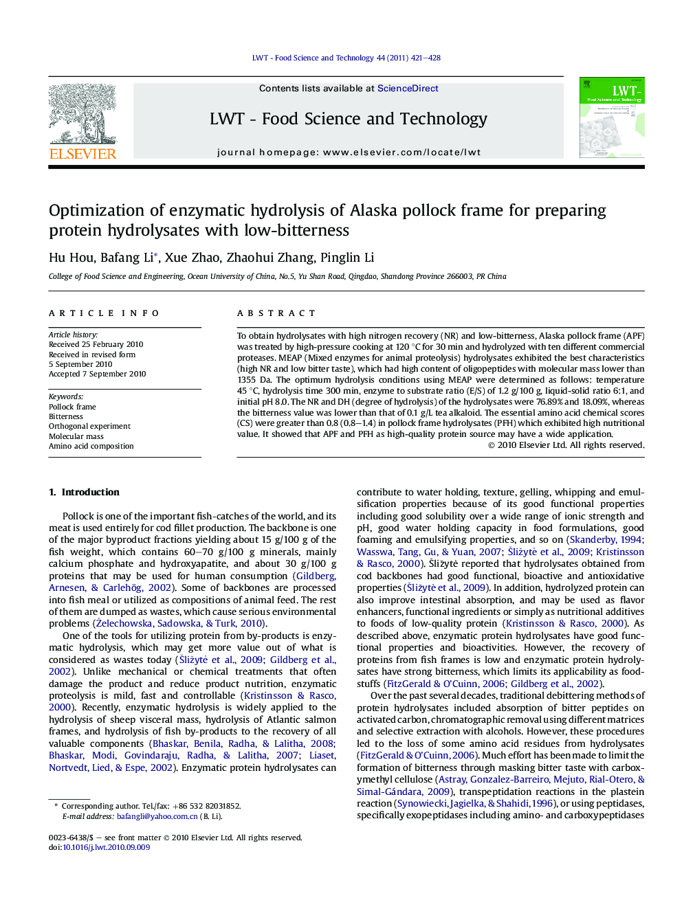 Optimization of enzymatic hydrolysis of Alaska pollock frame for preparing protein hydrolysates with low-bitterness