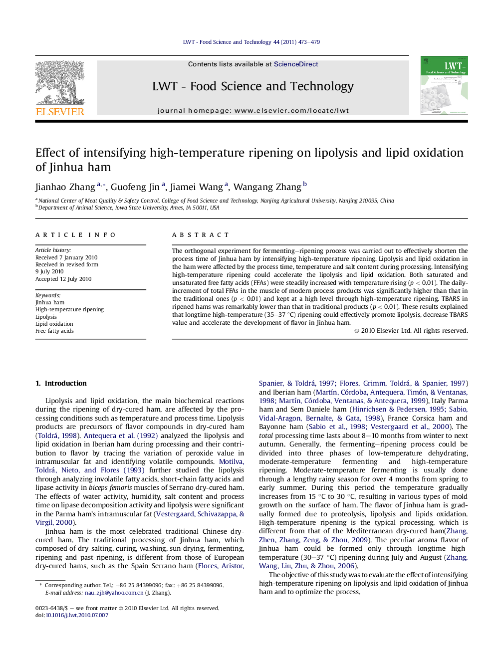 Effect of intensifying high-temperature ripening on lipolysis and lipid oxidation of Jinhua ham