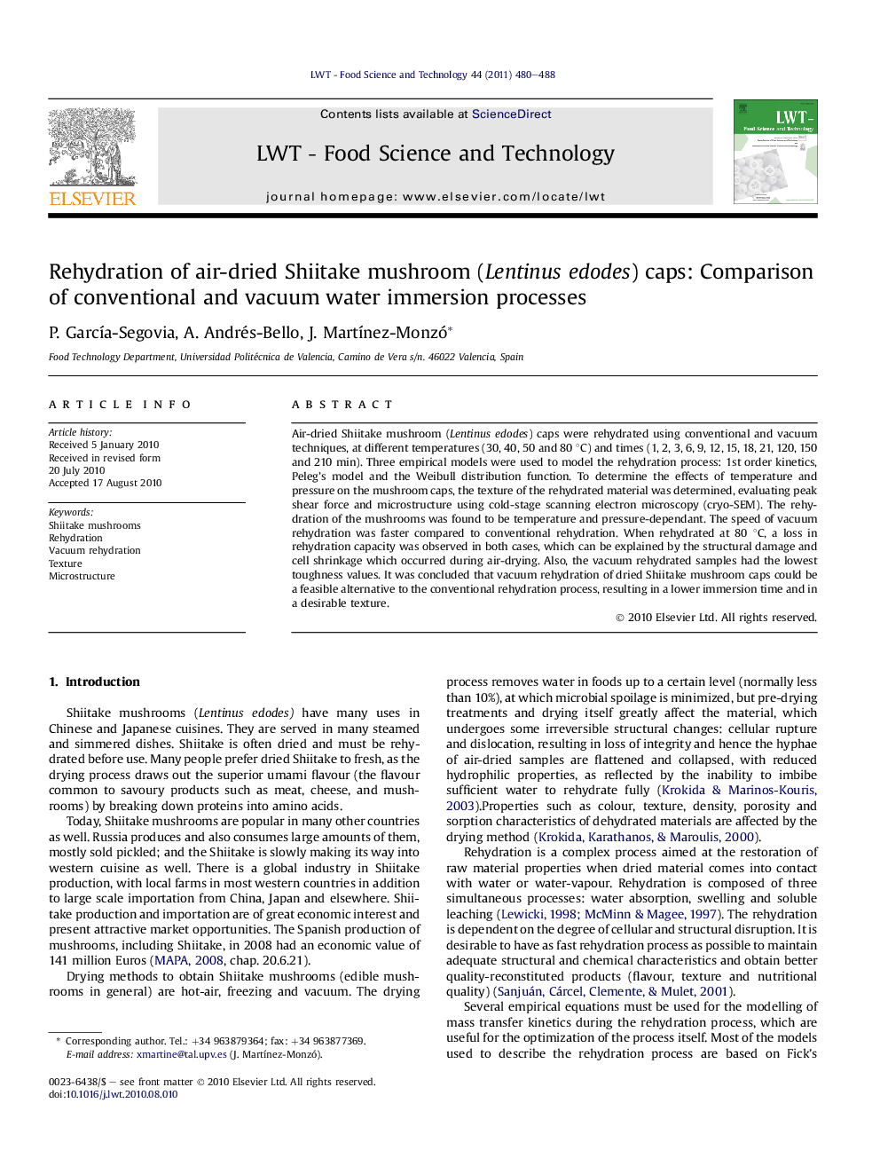 Rehydration of air-dried Shiitake mushroom (Lentinus edodes) caps: Comparison of conventional and vacuum water immersion processes