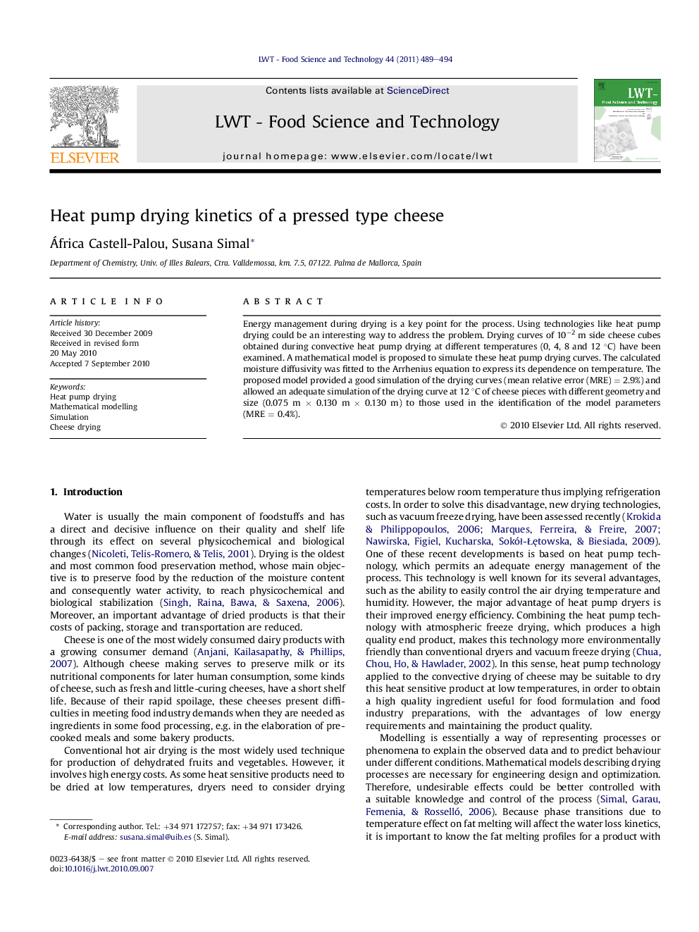 Heat pump drying kinetics of a pressed type cheese