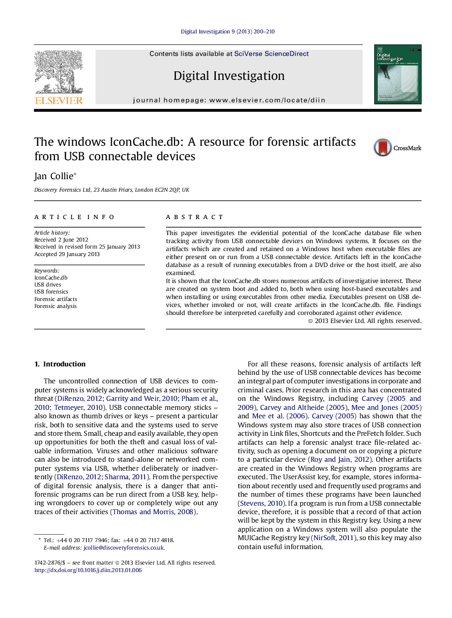 The windows IconCache.db: A resource for forensic artifacts from USB connectable devices