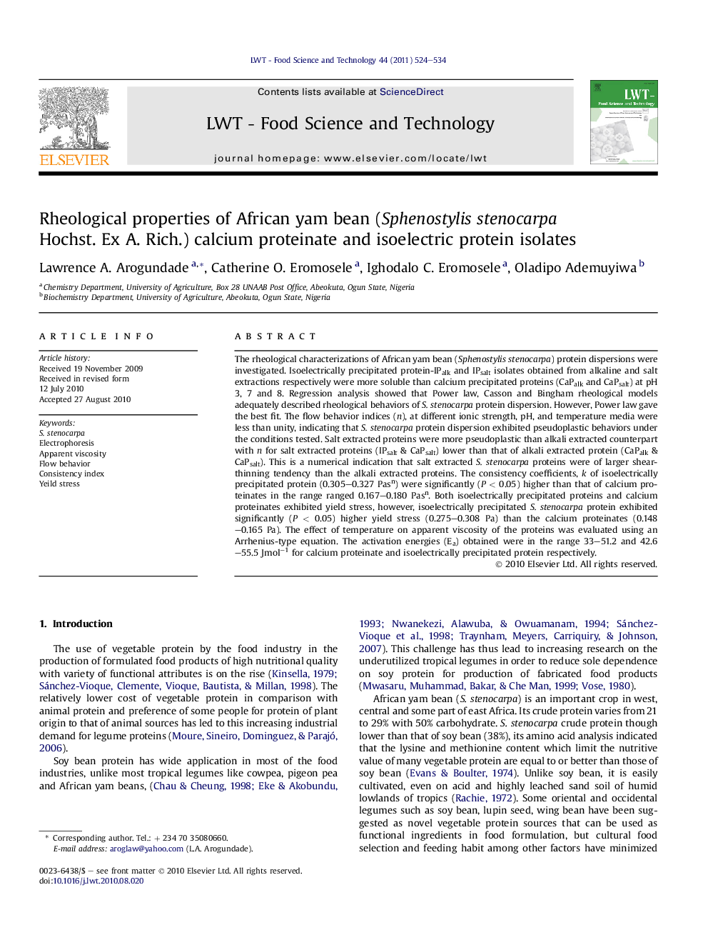 Rheological properties of African yam bean (Sphenostylis stenocarpa Hochst. Ex A. Rich.) calcium proteinate and isoelectric protein isolates