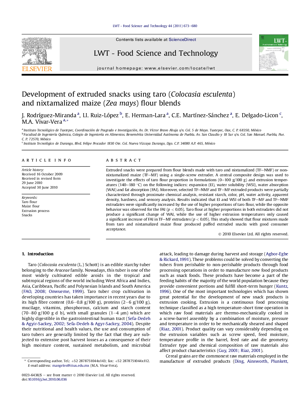 Development of extruded snacks using taro (Colocasia esculenta) and nixtamalized maize (Zea mays) flour blends