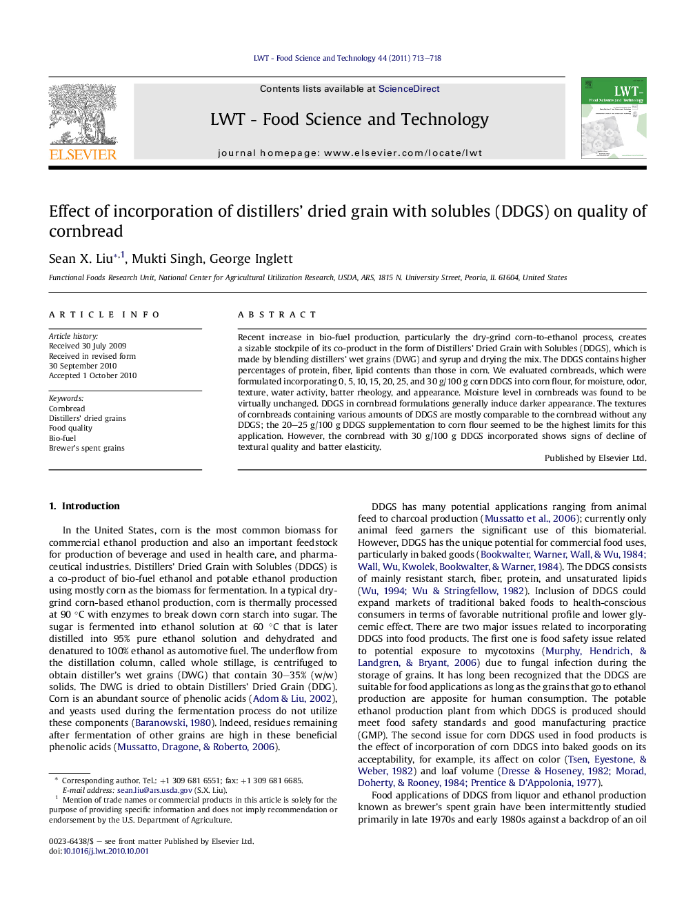 Effect of incorporation of distillers’ dried grain with solubles (DDGS) on quality of cornbread