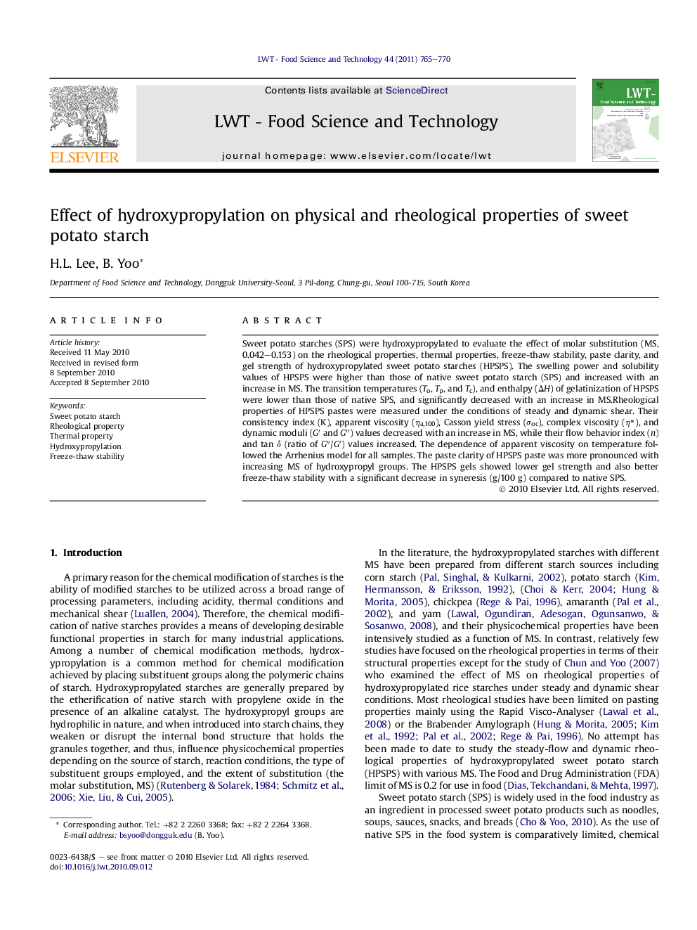 Effect of hydroxypropylation on physical and rheological properties of sweet potato starch