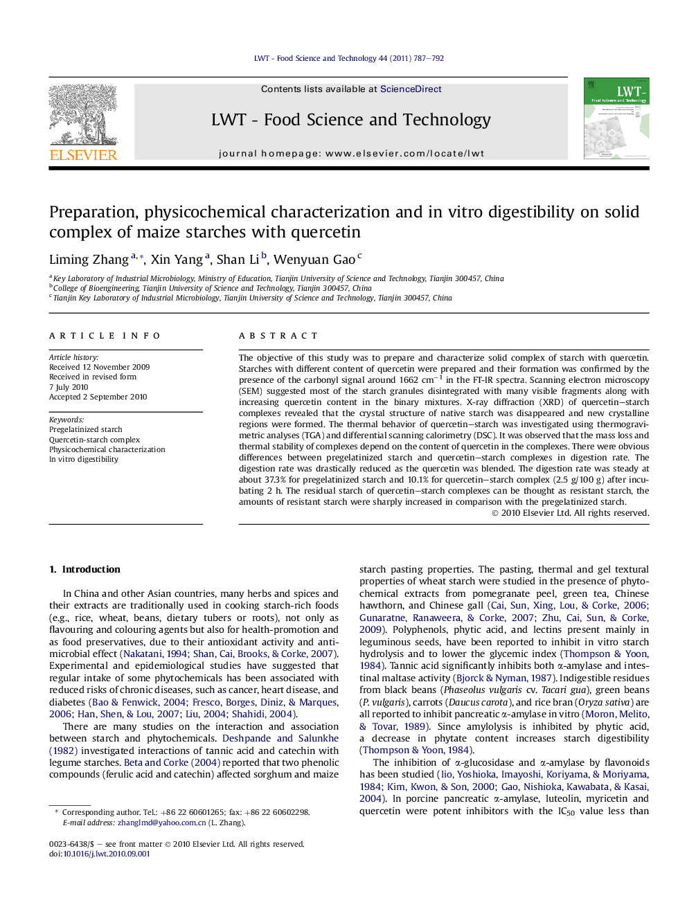 Preparation, physicochemical characterization and in vitro digestibility on solid complex of maize starches with quercetin