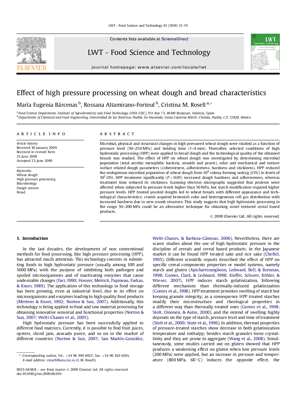 Effect of high pressure processing on wheat dough and bread characteristics