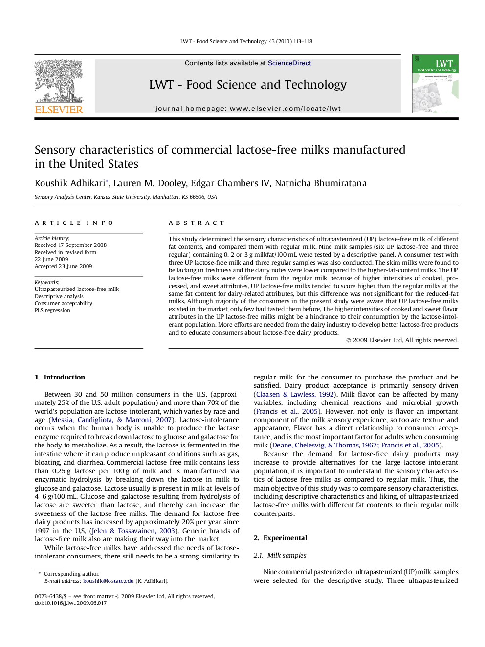 Sensory characteristics of commercial lactose-free milks manufactured in the United States