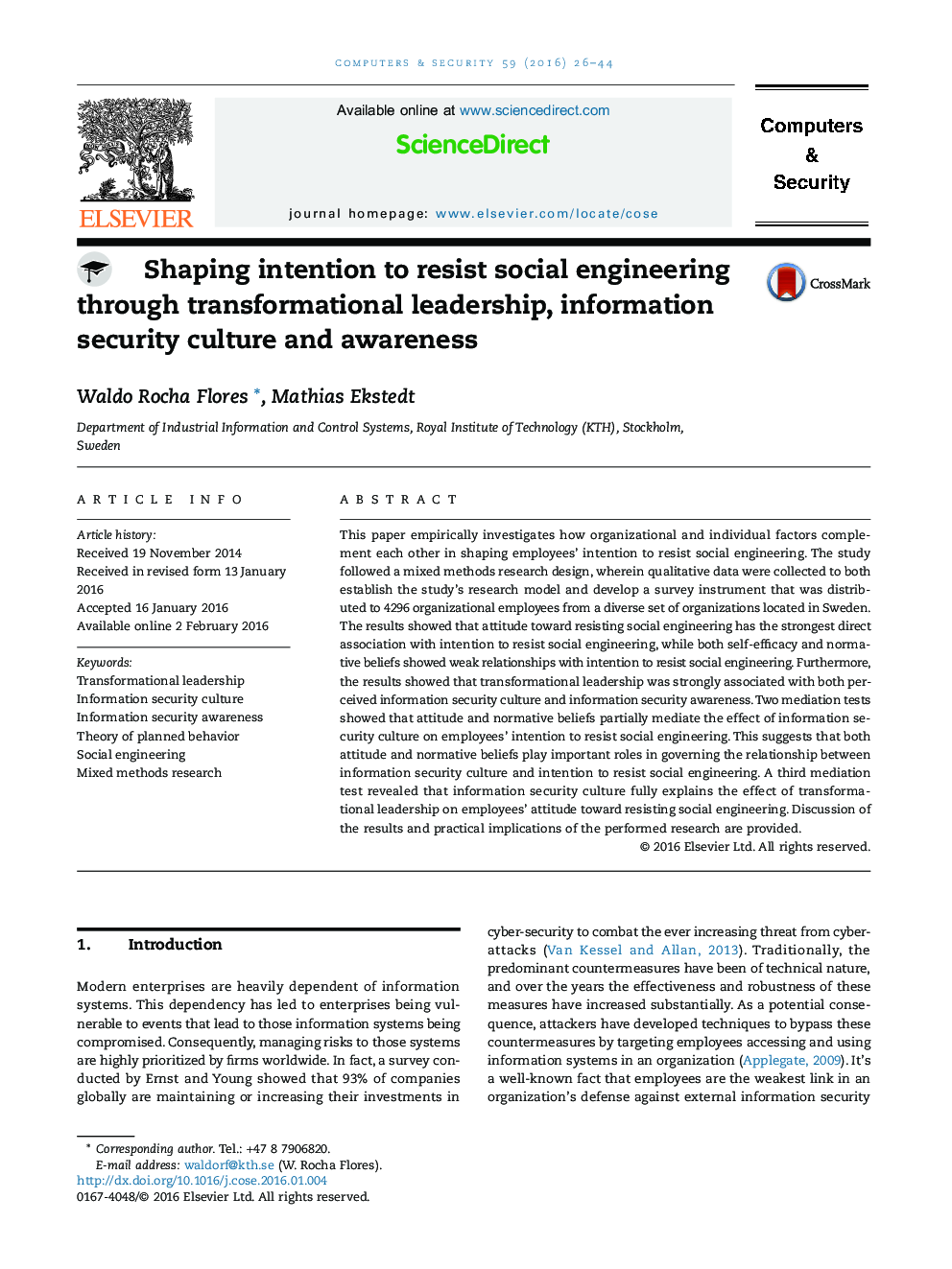 Shaping intention to resist social engineering through transformational leadership, information security culture and awareness