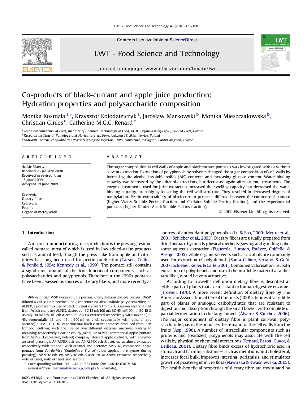 Co-products of black-currant and apple juice production: Hydration properties and polysaccharide composition