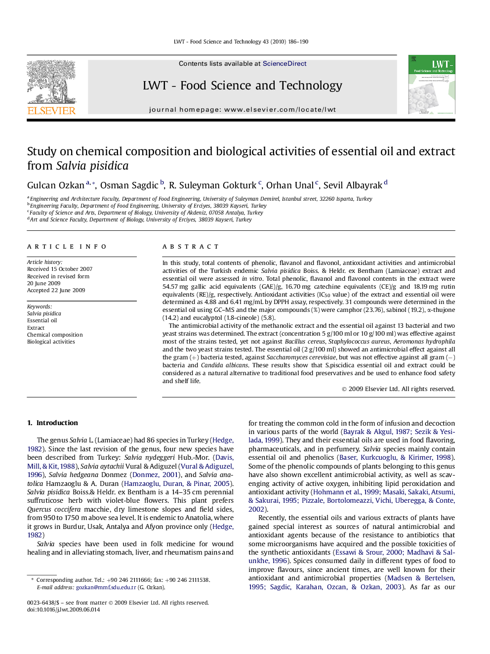 Study on chemical composition and biological activities of essential oil and extract from Salvia pisidica