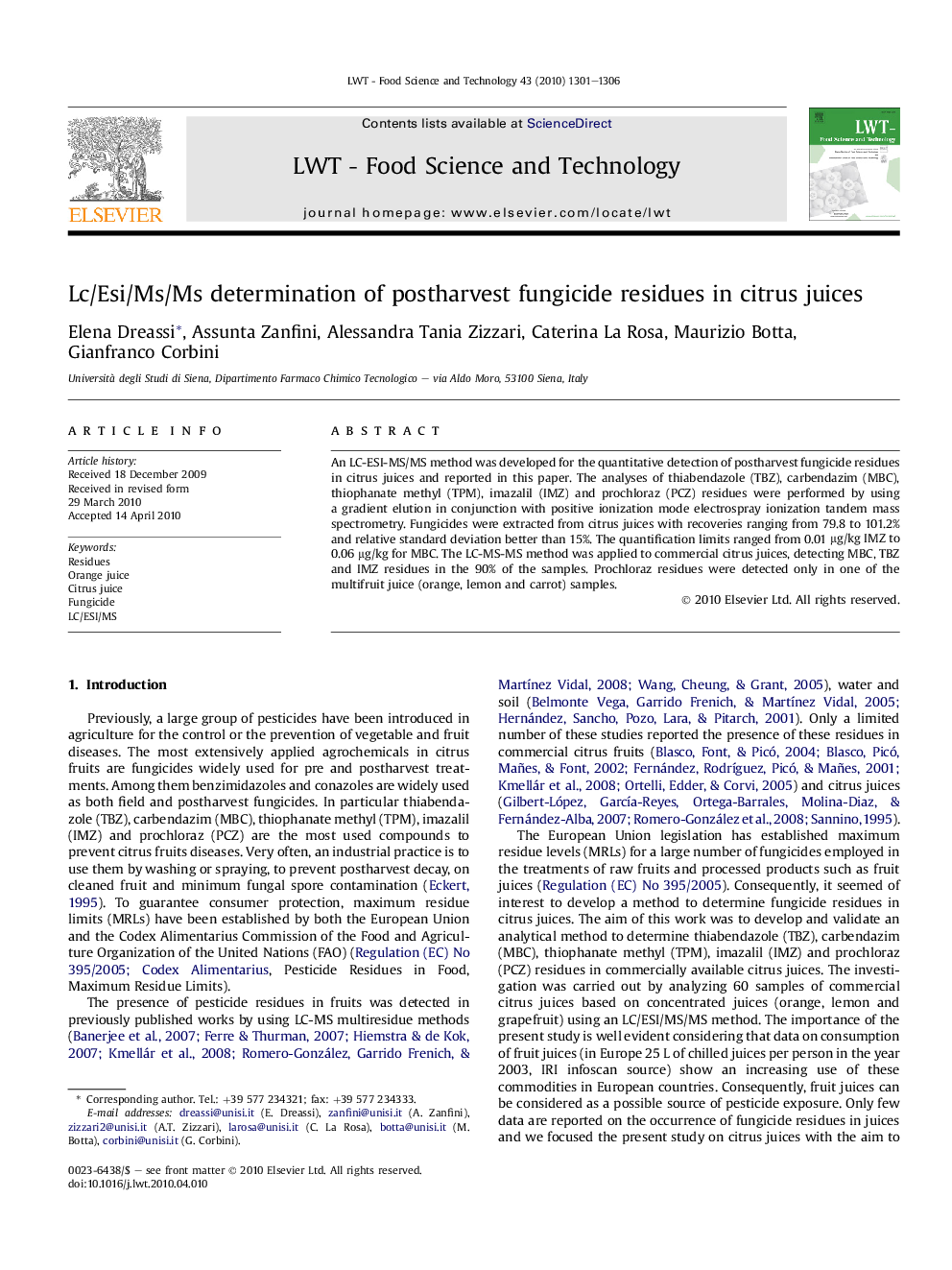 Lc/Esi/Ms/Ms determination of postharvest fungicide residues in citrus juices