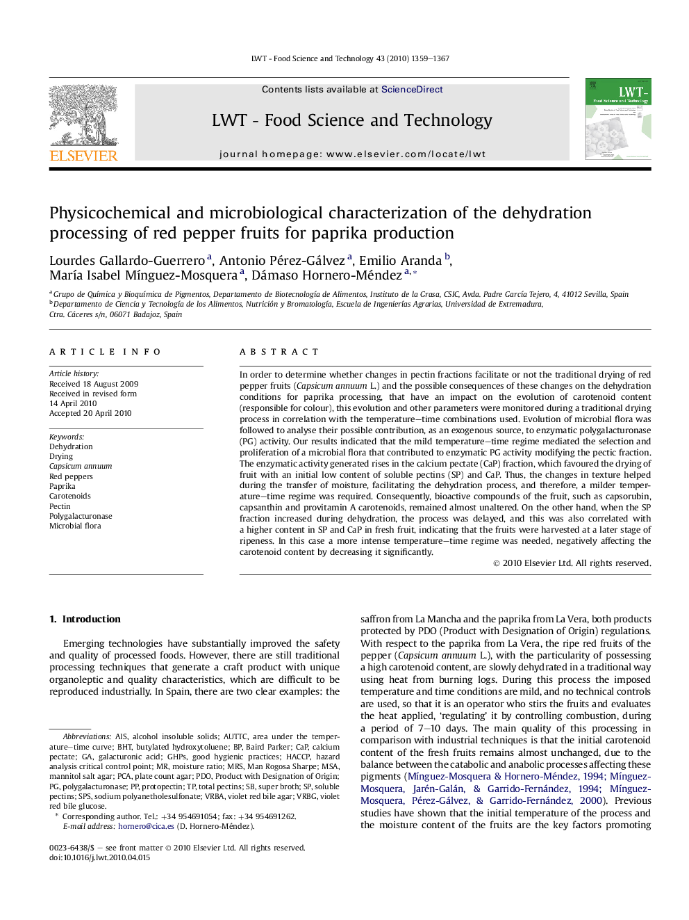 Physicochemical and microbiological characterization of the dehydration processing of red pepper fruits for paprika production