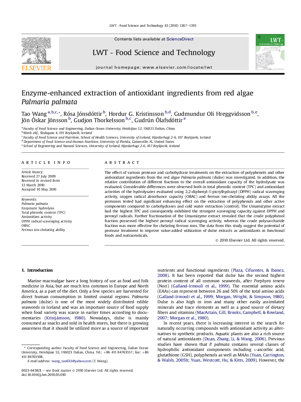 Enzyme-enhanced extraction of antioxidant ingredients from red algae Palmaria palmata