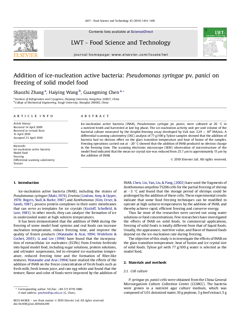 Addition of ice-nucleation active bacteria: Pseudomonas syringae pv. panici on freezing of solid model food